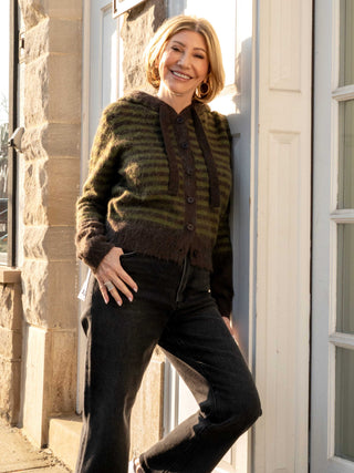 Brown Moss Striped Hoodie Cardigan