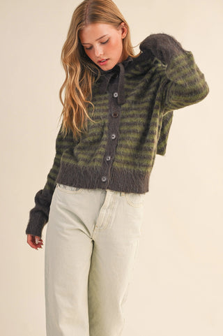 Brown Moss Striped Hoodie Cardigan