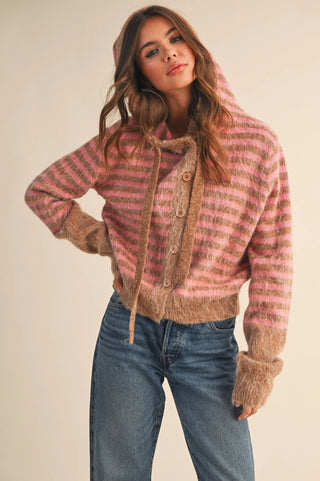 Taupe Mauve Striped Hoodie Cardigan