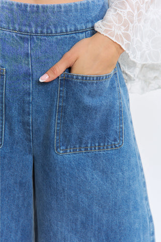 Wide Leg Denim Ruffle Hem Trouser